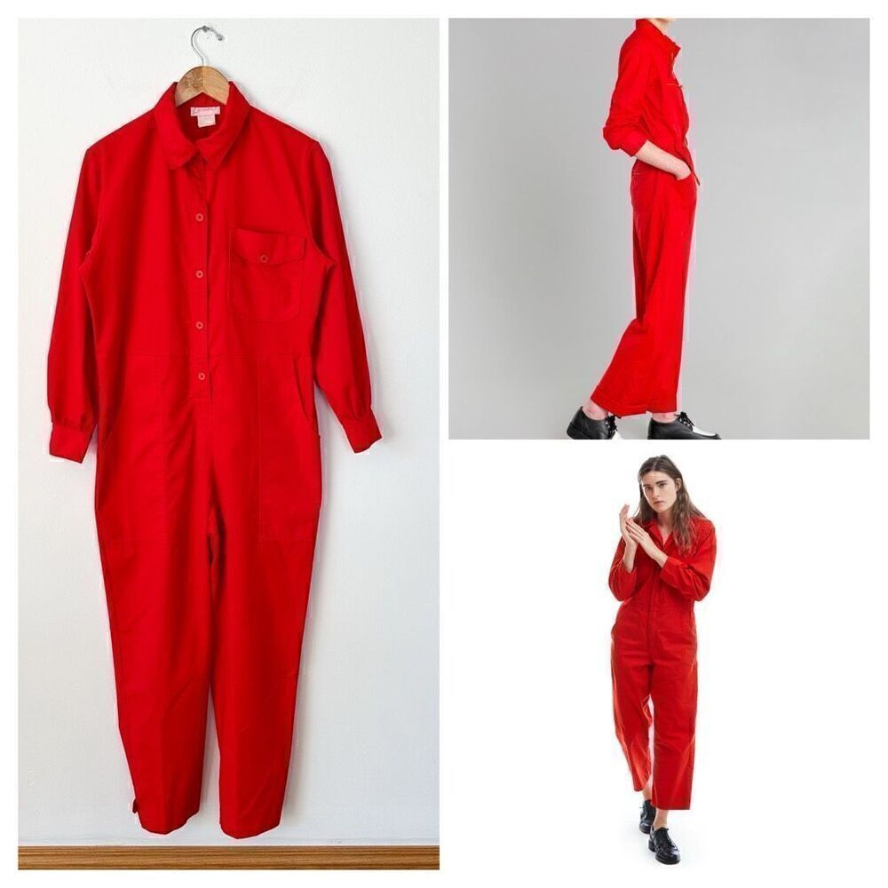 Vintage 1900s Lerner Red Twill Long Sleeve Button Front Tapered Leg Red Boiler J